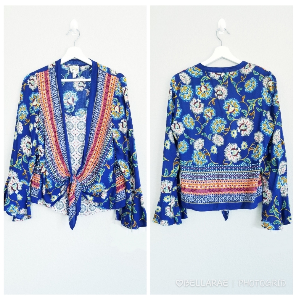 Anthropology Fig & Flower Floral Open Front Tie Blouse Top